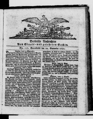 Berlinische Nachrichten von Staats- und gelehrten Sachen vom 29.09.1781
