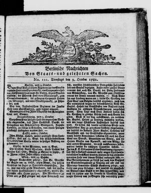 Berlinische Nachrichten von Staats- und gelehrten Sachen vom 09.10.1781