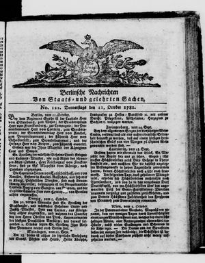 Berlinische Nachrichten von Staats- und gelehrten Sachen vom 11.10.1781