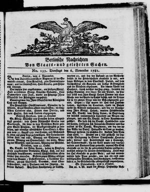 Berlinische Nachrichten von Staats- und gelehrten Sachen vom 06.11.1781