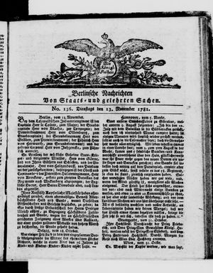 Berlinische Nachrichten von Staats- und gelehrten Sachen vom 13.11.1781