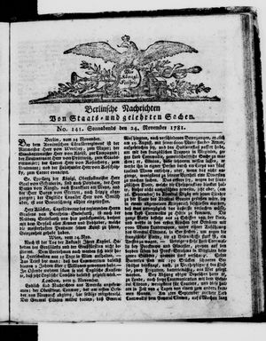 Berlinische Nachrichten von Staats- und gelehrten Sachen vom 24.11.1781