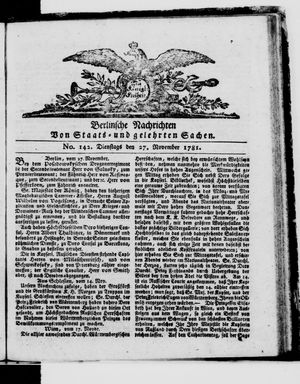 Berlinische Nachrichten von Staats- und gelehrten Sachen vom 27.11.1781