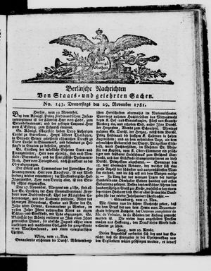 Berlinische Nachrichten von Staats- und gelehrten Sachen vom 29.11.1781