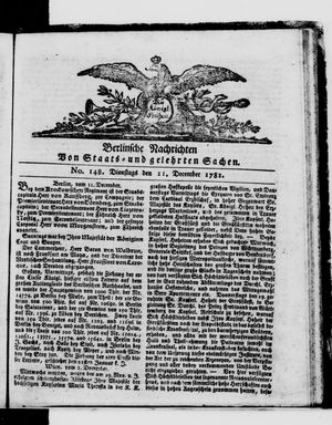 Berlinische Nachrichten von Staats- und gelehrten Sachen vom 11.12.1781
