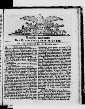 Berlinische Nachrichten von Staats- und gelehrten Sachen vom 13.12.1781