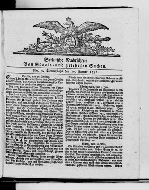 Berlinische Nachrichten von Staats- und gelehrten Sachen vom 10.01.1782