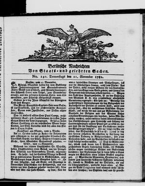 Berlinische Nachrichten von Staats- und gelehrten Sachen vom 21.11.1782