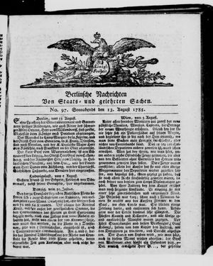 Berlinische Nachrichten von Staats- und gelehrten Sachen vom 13.08.1785