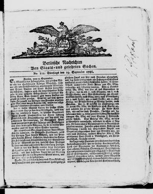 Berlinische Nachrichten von Staats- und gelehrten Sachen vom 19.09.1786