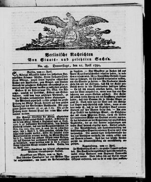 Berlinische Nachrichten von Staats- und gelehrten Sachen vom 21.04.1791