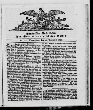 Berlinische Nachrichten von Staats- und gelehrten Sachen vom 15.09.1791