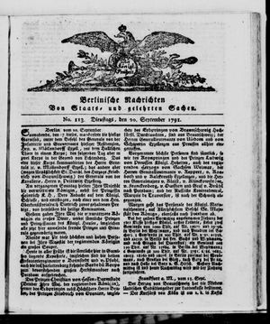 Berlinische Nachrichten von Staats- und gelehrten Sachen vom 20.09.1791