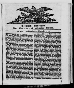 Berlinische Nachrichten von Staats- und gelehrten Sachen vom 27.09.1791
