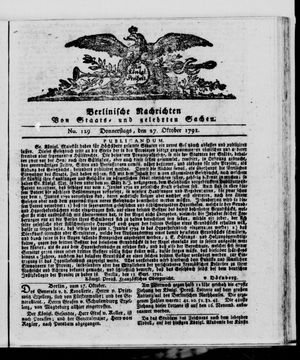 Berlinische Nachrichten von Staats- und gelehrten Sachen vom 27.10.1791