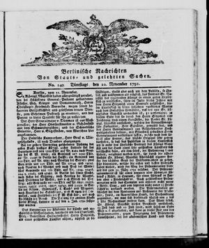 Berlinische Nachrichten von Staats- und gelehrten Sachen vom 22.11.1791