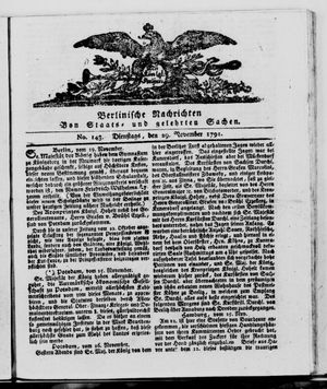 Berlinische Nachrichten von Staats- und gelehrten Sachen vom 29.11.1791