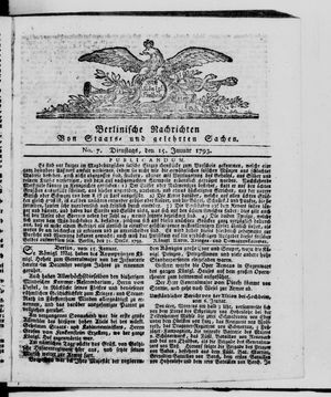 Berlinische Nachrichten von Staats- und gelehrten Sachen vom 15.01.1793