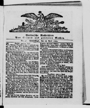 Berlinische Nachrichten von Staats- und gelehrten Sachen vom 18.04.1793