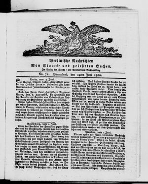 Berlinische Nachrichten von Staats- und gelehrten Sachen vom 14.06.1800