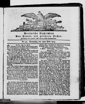 Berlinische Nachrichten von Staats- und gelehrten Sachen vom 14.04.1803