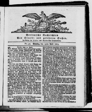 Berlinische Nachrichten von Staats- und gelehrten Sachen vom 19.04.1803