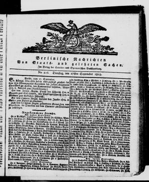 Berlinische Nachrichten von Staats- und gelehrten Sachen vom 27.09.1803