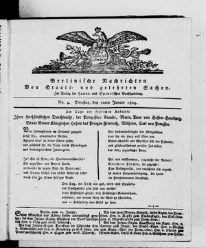Berlinische Nachrichten von Staats- und gelehrten Sachen vom 10.01.1804