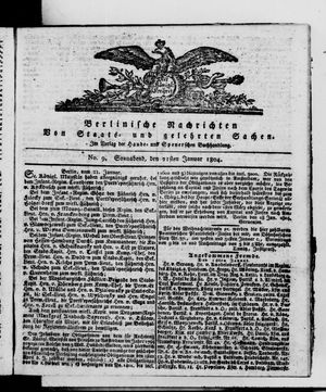 Berlinische Nachrichten von Staats- und gelehrten Sachen vom 21.01.1804