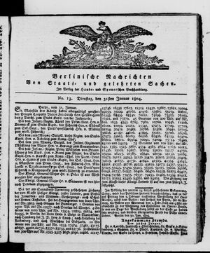 Berlinische Nachrichten von Staats- und gelehrten Sachen on Jan 31, 1804