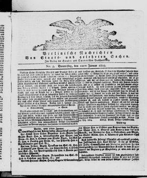 Berlinische Nachrichten von Staats- und gelehrten Sachen on Jan 10, 1805