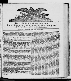Berlinische Nachrichten von Staats- und gelehrten Sachen vom 09.04.1805