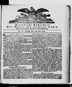 Berlinische Nachrichten von Staats- und gelehrten Sachen on Apr 16, 1805