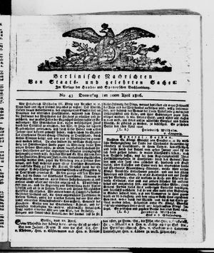 Berlinische Nachrichten von Staats- und gelehrten Sachen vom 10.04.1806