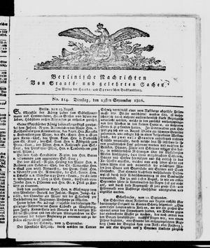 Berlinische Nachrichten von Staats- und gelehrten Sachen on Sep 23, 1806