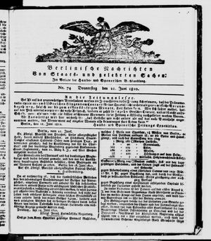 Berlinische Nachrichten von Staats- und gelehrten Sachen on Jun 21, 1810