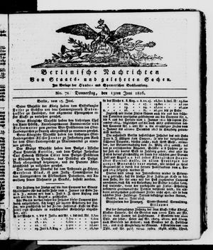 Berlinische Nachrichten von Staats- und gelehrten Sachen vom 13.06.1816