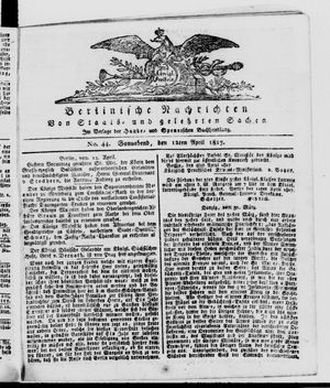 Berlinische Nachrichten von Staats- und gelehrten Sachen on Apr 12, 1817
