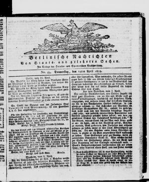 Berlinische Nachrichten von Staats- und gelehrten Sachen vom 15.04.1819