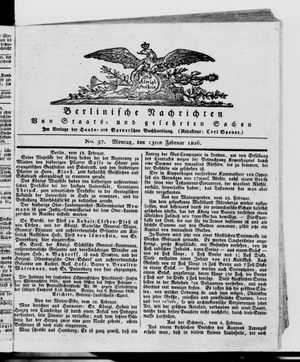 Berlinische Nachrichten von Staats- und gelehrten Sachen vom 13.02.1826