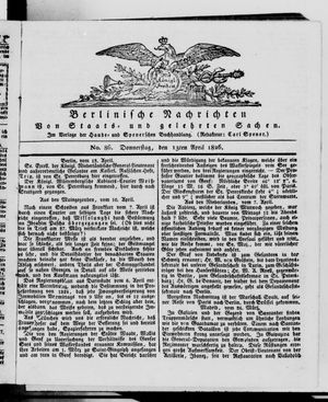 Berlinische Nachrichten von Staats- und gelehrten Sachen vom 13.04.1826