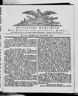 Berlinische Nachrichten von Staats- und gelehrten Sachen vom 10.10.1826