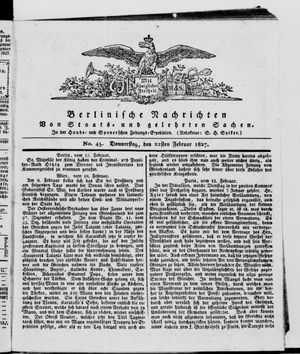 Berlinische Nachrichten von Staats- und gelehrten Sachen vom 22.02.1827