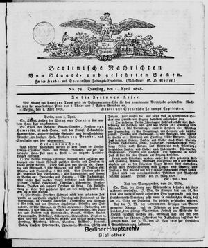 Berlinische Nachrichten von Staats- und gelehrten Sachen vom 01.04.1828