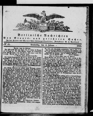 Berlinische Nachrichten von Staats- und gelehrten Sachen on Feb 18, 1830