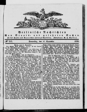 Berlinische Nachrichten von Staats- und gelehrten Sachen vom 16.09.1830