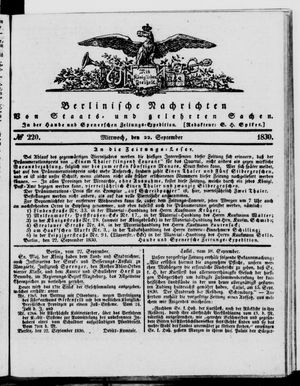 Berlinische Nachrichten von Staats- und gelehrten Sachen vom 22.09.1830