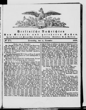 Berlinische Nachrichten von Staats- und gelehrten Sachen vom 25.11.1830