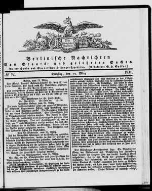 Berlinische Nachrichten von Staats- und gelehrten Sachen vom 29.03.1831