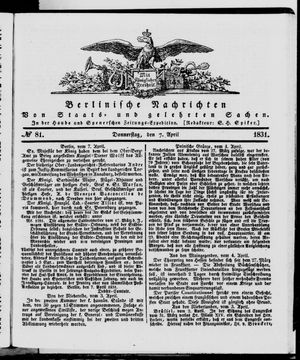 Berlinische Nachrichten von Staats- und gelehrten Sachen on Apr 7, 1831
